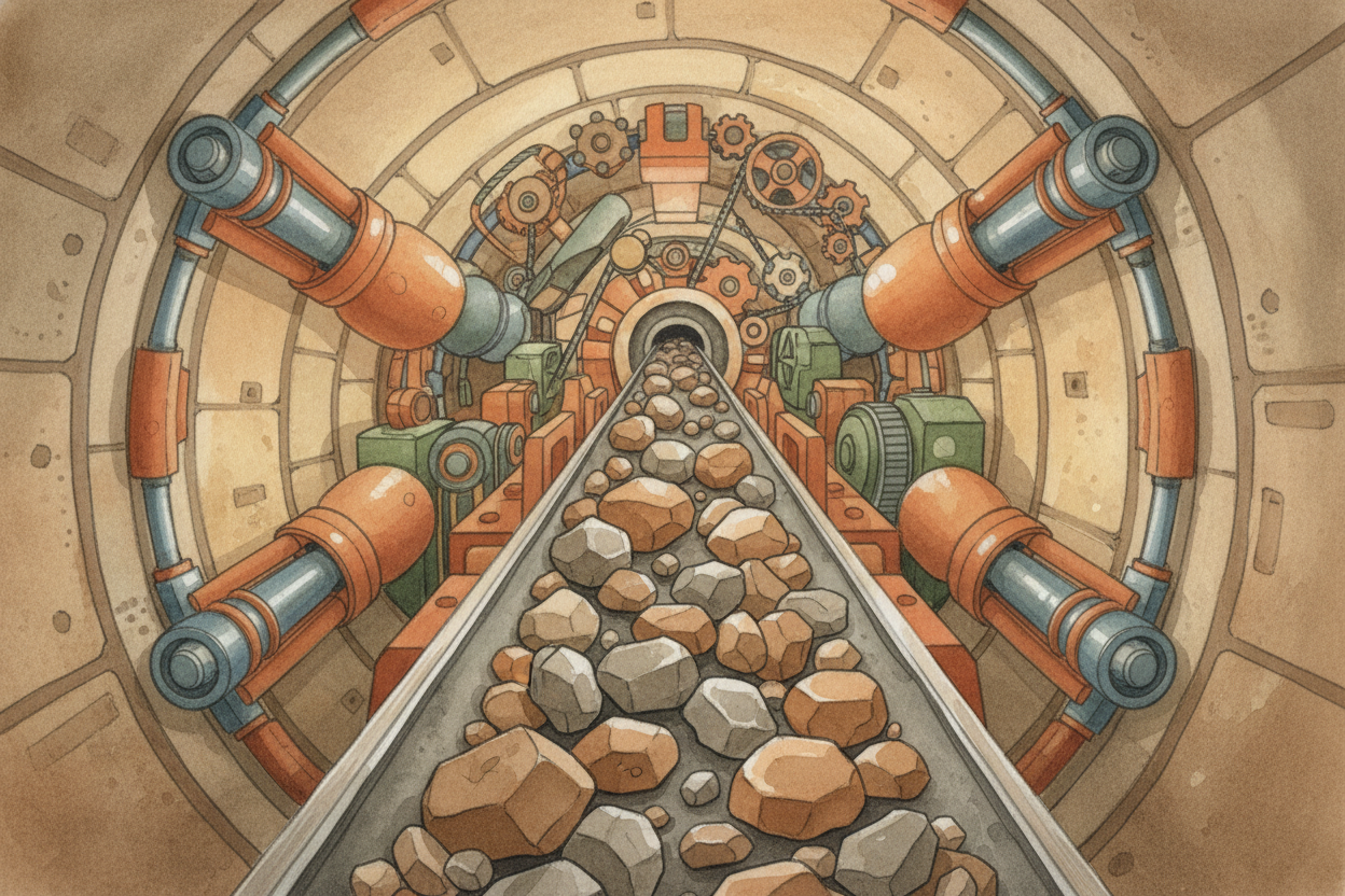 Behind the cutting head, a conveyor belt carries the broken rock backward through the machine's body, **like a digestive