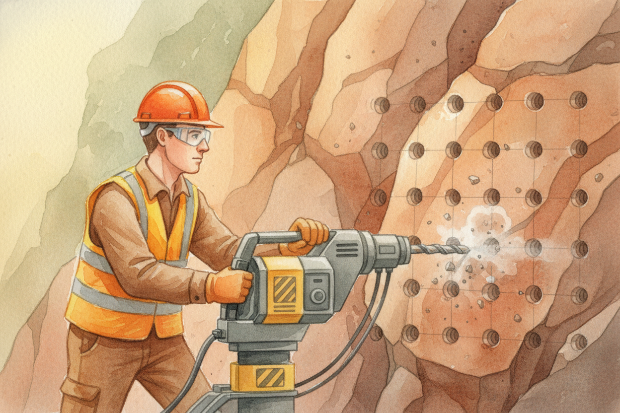 What about smaller tunnels, or places where a ++TBM++ can't fit? Then workers use the "**drill-and-blast**" method. They