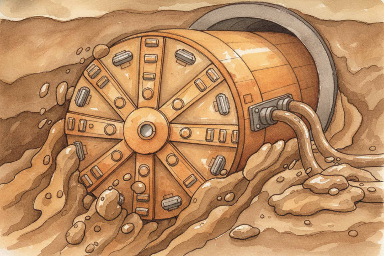 Digging through soft ground — mud, sand, or clay — is trickier. The TBM has to work inside a **pressurized bubble** to k