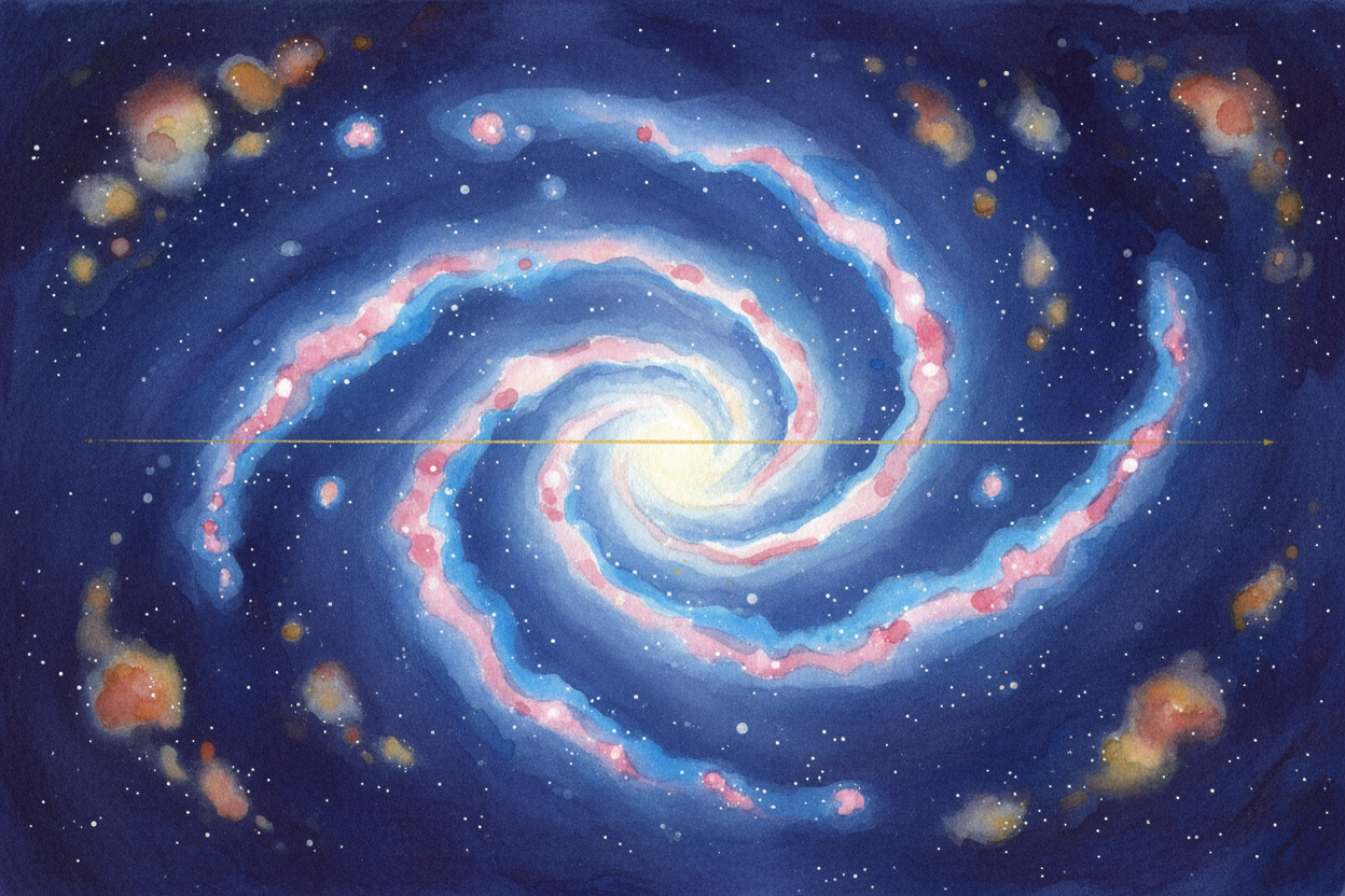The Milky Way is shaped like a **spiral pancake** — about 100,000 light-years across. A light-year is how far light trav