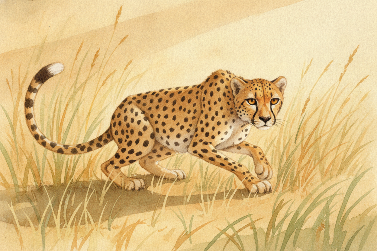 Out on the golden grass, a cheetah crouches low, every muscle wound up like a spring. ~~Then — gone.~~ In about **three 