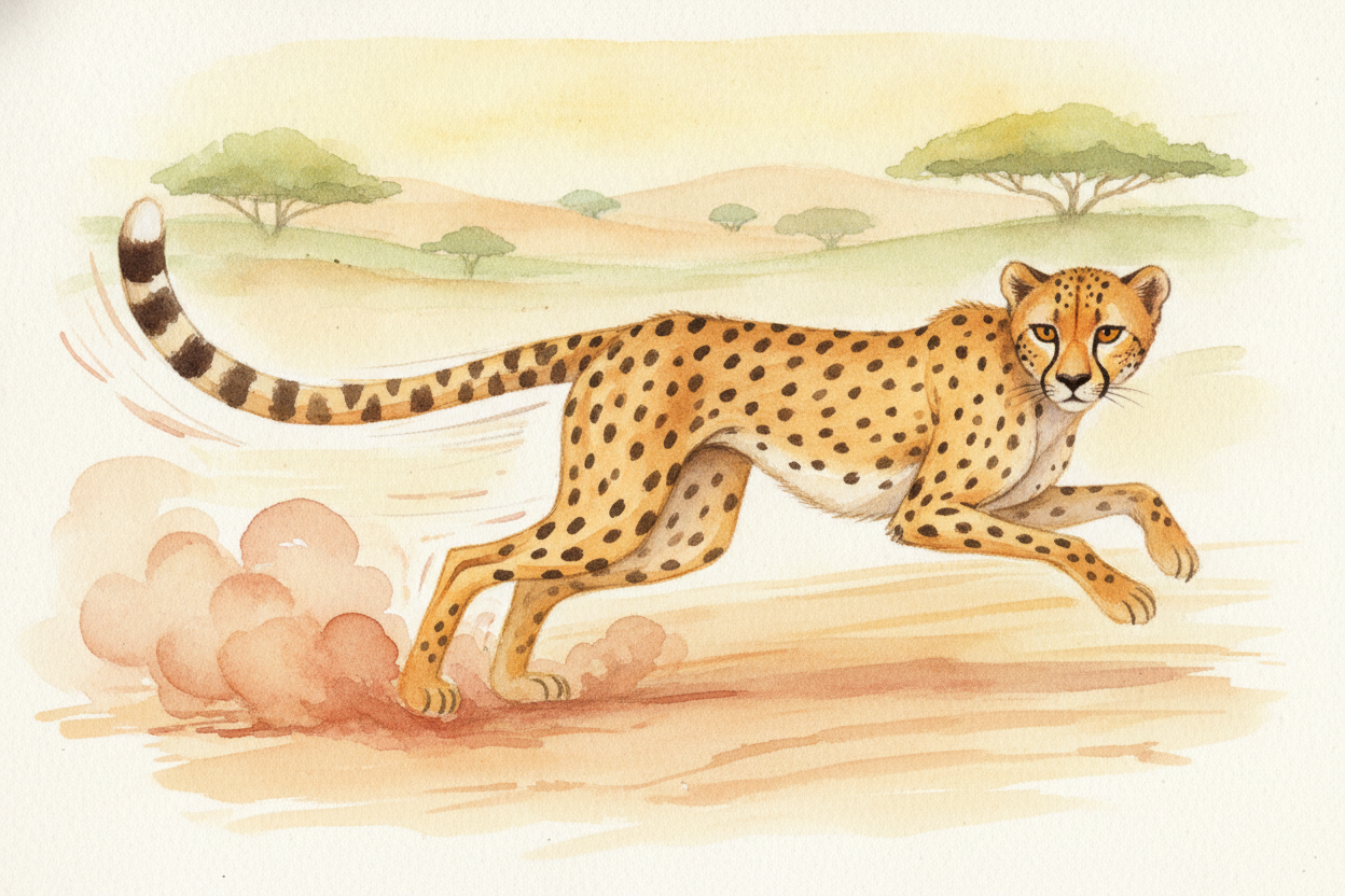~~And there's the tail~~ — long, thick, and heavy. When the cheetah swerves to chase a dodging antelope, it swings that 