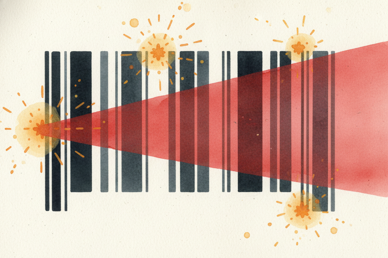 The scanner shines a **red laser** across the barcode. *Black stripes absorb the light* — no reflection. *White spaces b