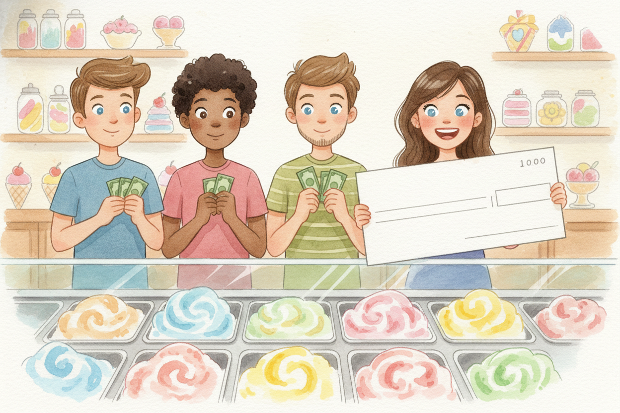 Imagine five friends walk into an ice cream shop. Four of them have two dollars each. The fifth friend? ~~She just won t