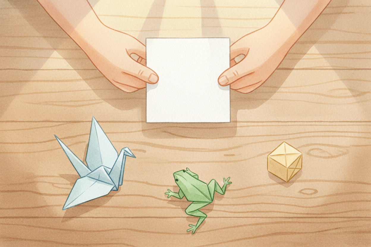 You fold a square of paper in half. Then in half again. A few more creases, a tuck here, a flip there — ~~and suddenly y