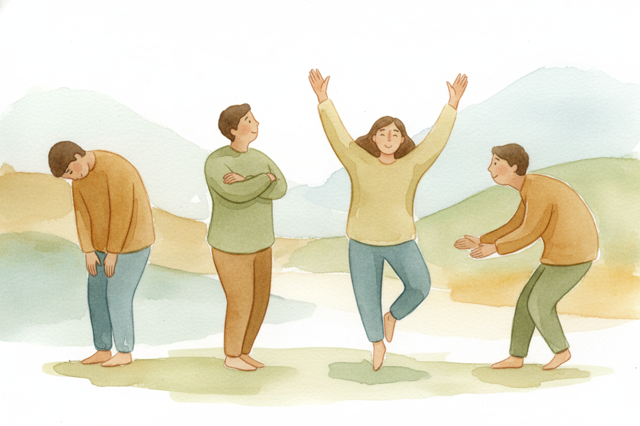**몸도 말을 해요**. 축 처진 어깨는 _"피곤해"라고 속삭여요_. 팔짱을 낀 모습은 "나는 마음을 닫았어"라는 뜻일 수 있어요. ~~발끝으로 통통 튀는~~ 사람은 거의 신남으로 **몸이 윙윙거리는 것** 같죠. 