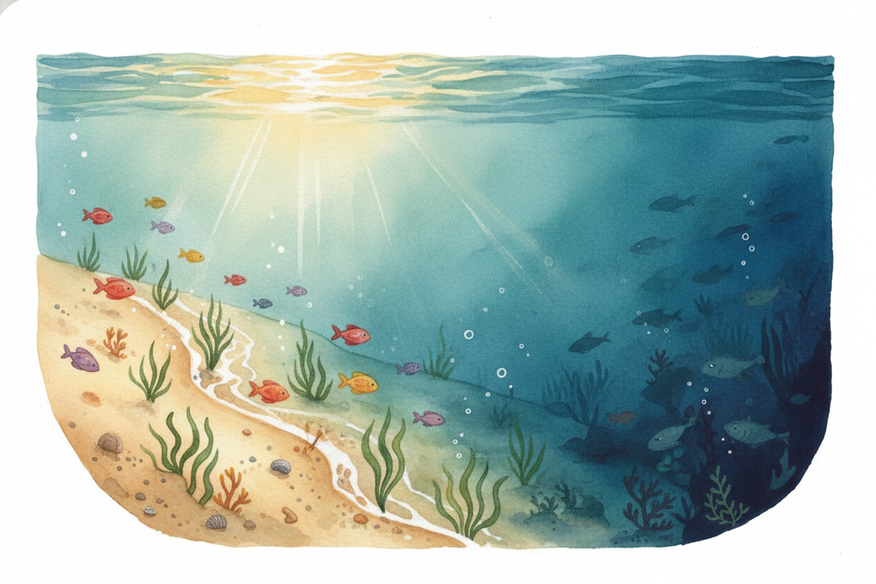 The ocean isn't one flat depth everywhere. It's more like a **giant bathtub with hills and valleys** underneath. Near th