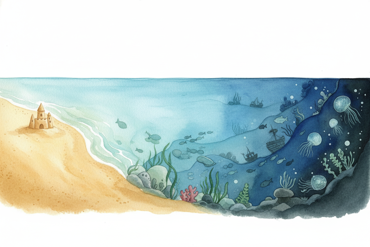 So when someone asks how deep the ocean is, the real answer is: it depends where you're standing. Wade in at the beach? 