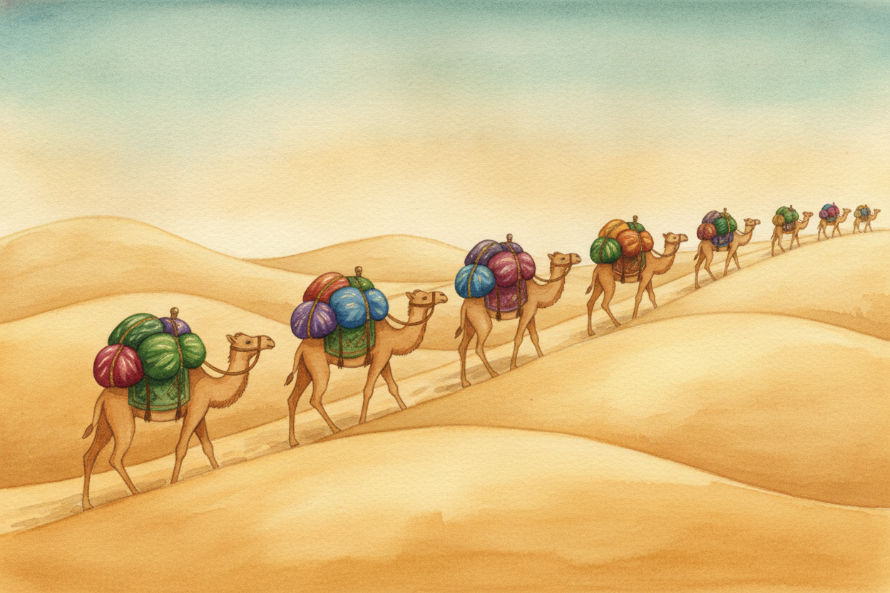 News of this **enormous, powerful land** traveled outward along trade routes — the dusty roads where merchants carried s