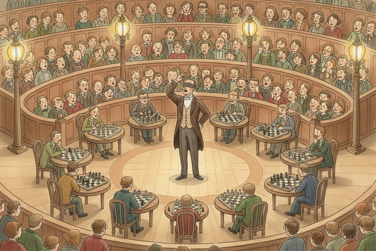 The 1800s brought chess champions — people so good they traveled city to city, ~~playing fifty opponents at once, blindf