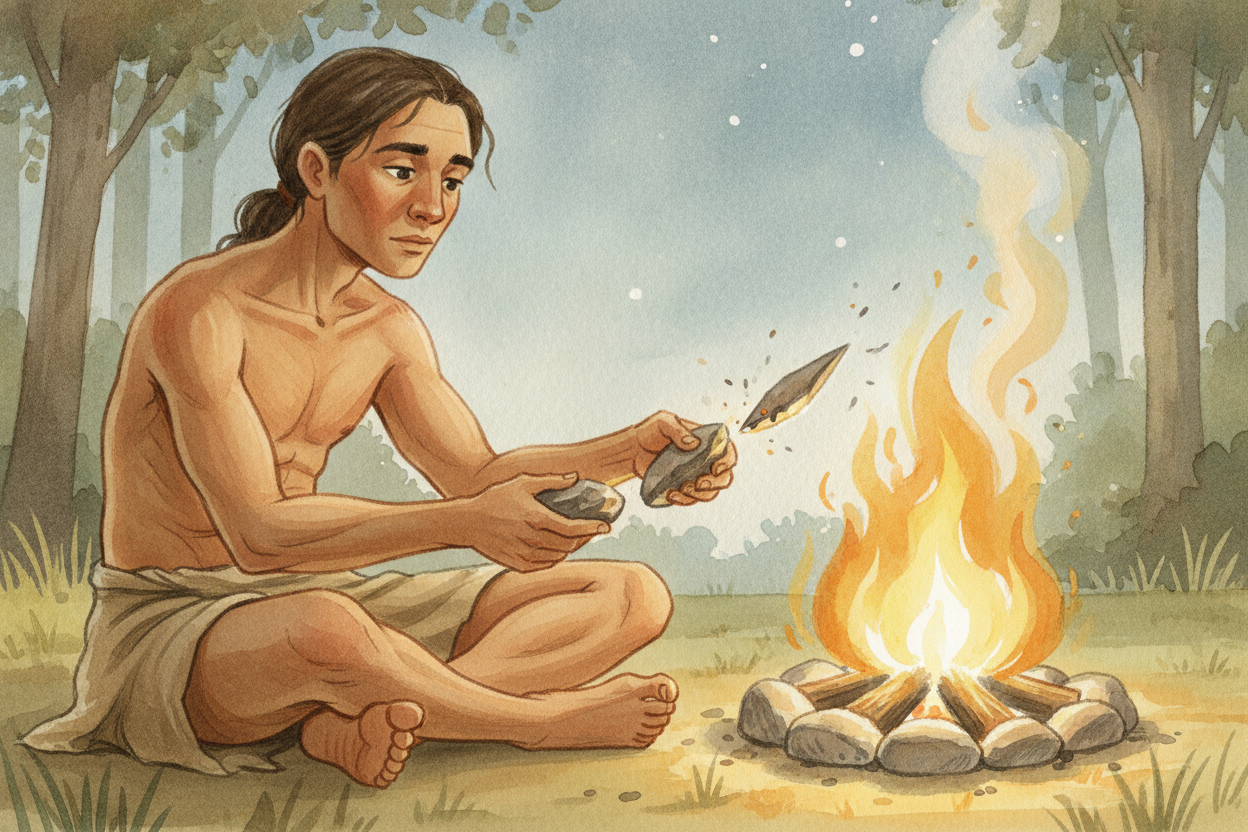 But you can't just bash rocks randomly and hope. They learned to hold one stone — the core — and strike it with another,