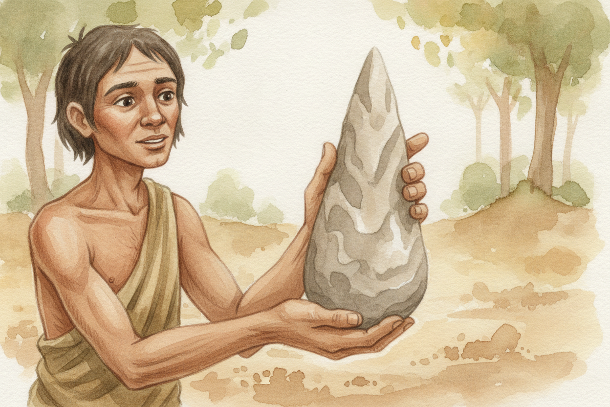 Then the toolmakers ~~leveled up~~. Over a very long stretch of time, they learned to shape a stone on both sides into a