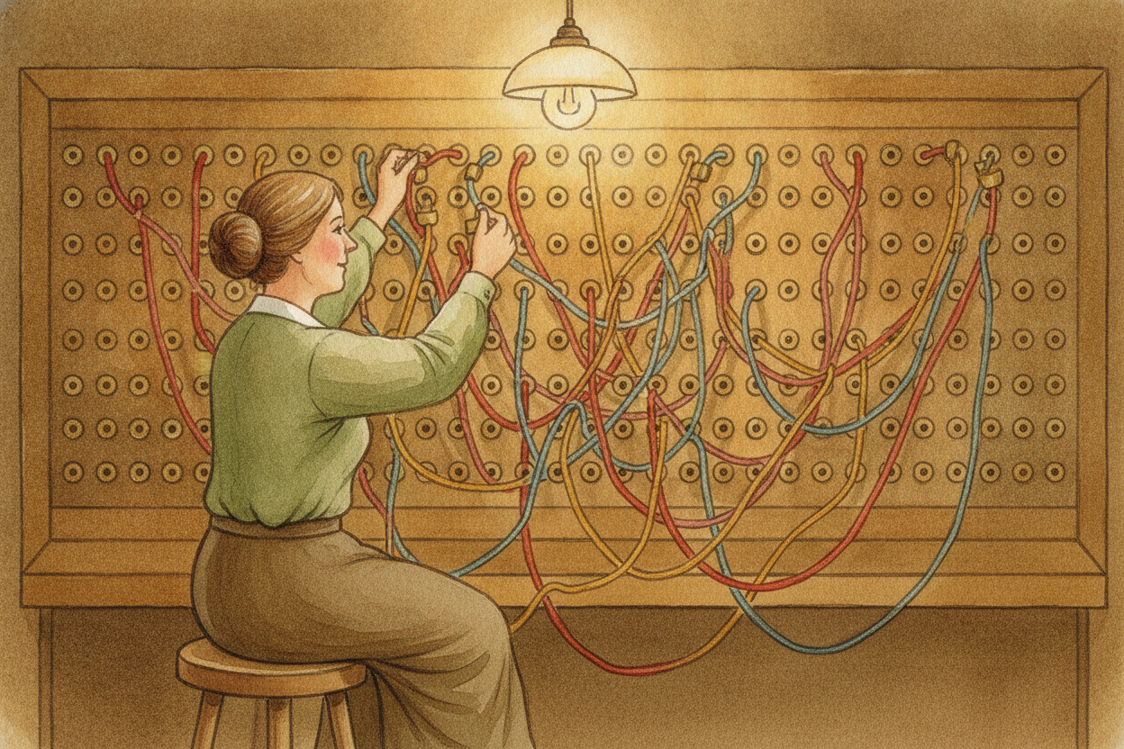 At first only a few people had telephones, so wires were strung between them one by one. ~~Then came the switchboard~~ a