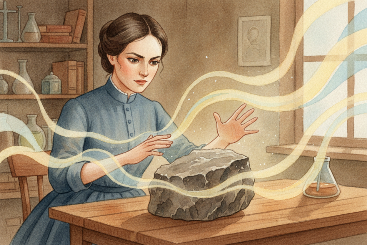 1890년대에는 **이상한 발견 이야기**가 사람들 사이에 퍼져 있었습니다. 어떤 돌들은 불도, 햇빛도, 전지도 없이 스스로 *보이지 않는 빛살*을 내뿜는 것처럼 보였습니다. 그 에너지가 어디서 오는지는 ~~아무도 