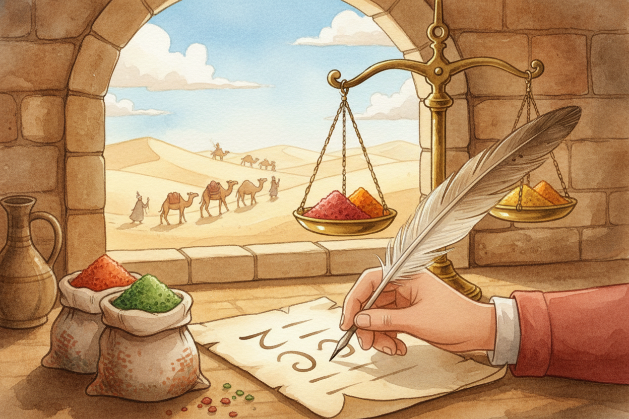 Around 800 CE, ++Arab scholars++ learned this system and loved it. Numbers traveled west along **trade routes** — carrie