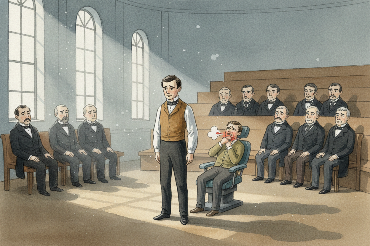 ++Wells++ tried to demonstrate his discovery at a famous hospital in ++Boston++. But the patient woke up mid-tooth-pulli