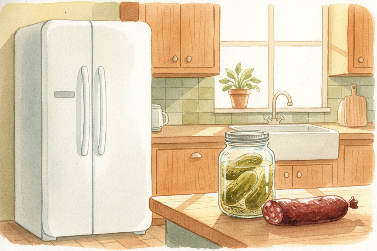 Today you just open the fridge. ~~But somewhere in your pantry~~, there's probably still a jar of pickles or a smoked sa