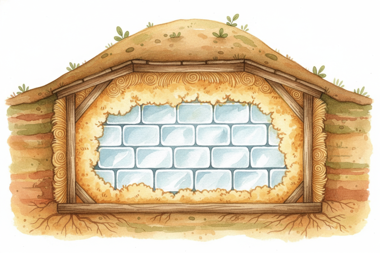 They stored the ice in special buildings called ++icehouses++, buried halfway underground where the earth stayed cool. T