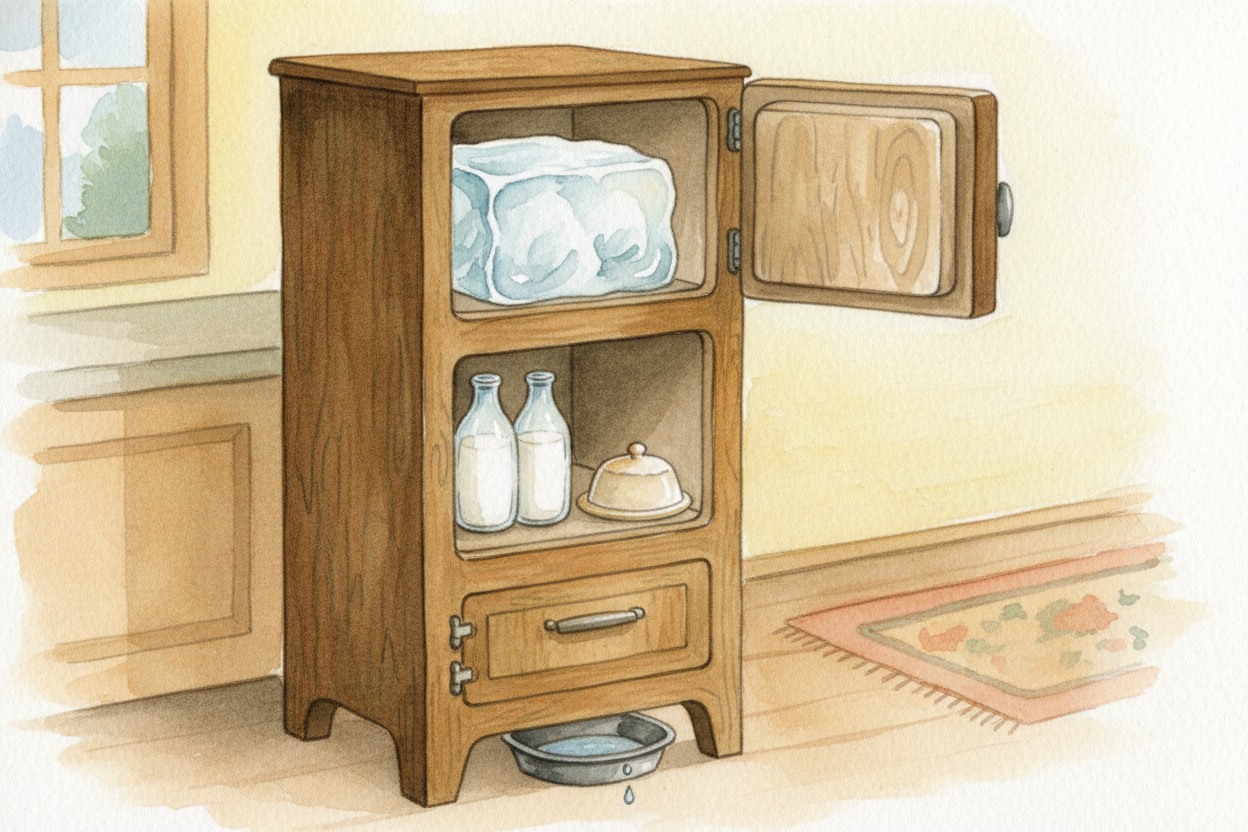 At home, families had wooden ++iceboxes++ — **the great-great-grandparents of your fridge**. You'd buy a block of ice fr