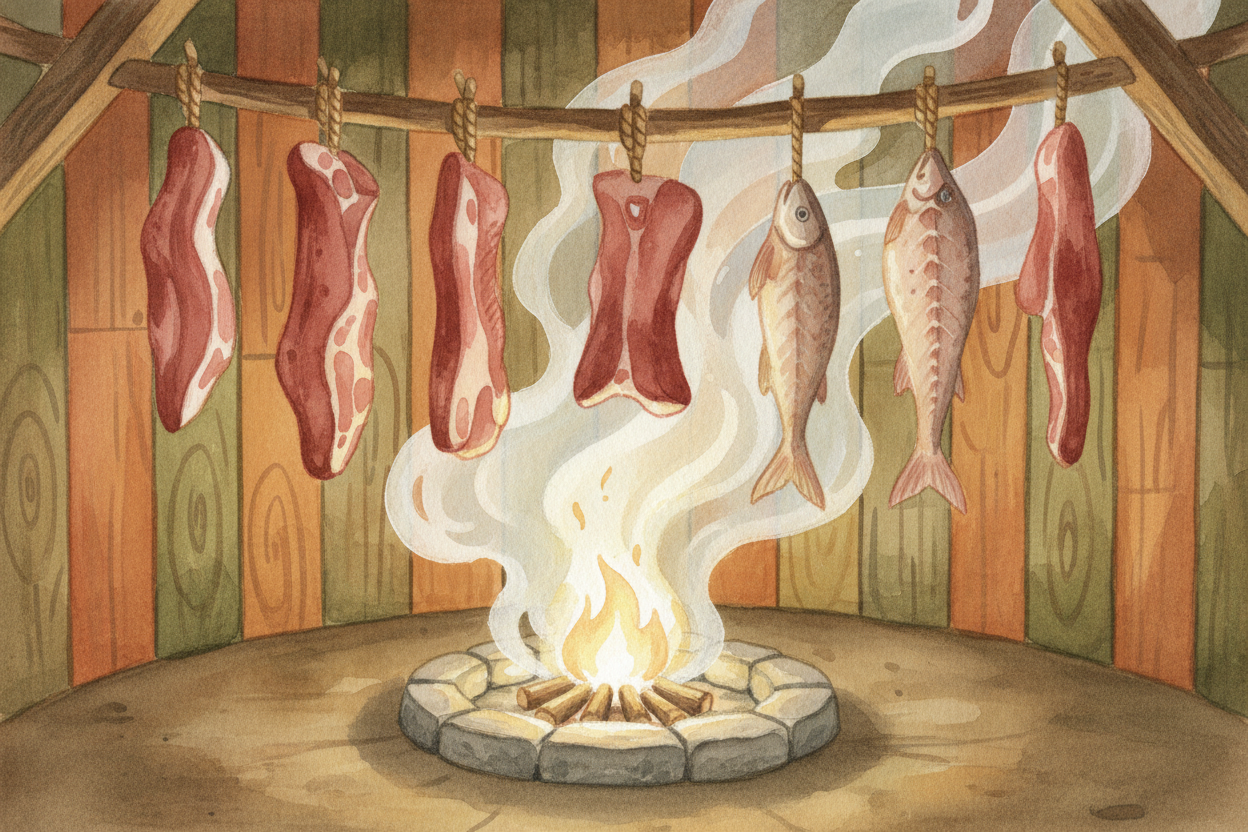 Smoke worked, too. ~~Hang strips of meat or fish in a smokehouse~~ — _a small shed with a smoldering fire below_ — and t