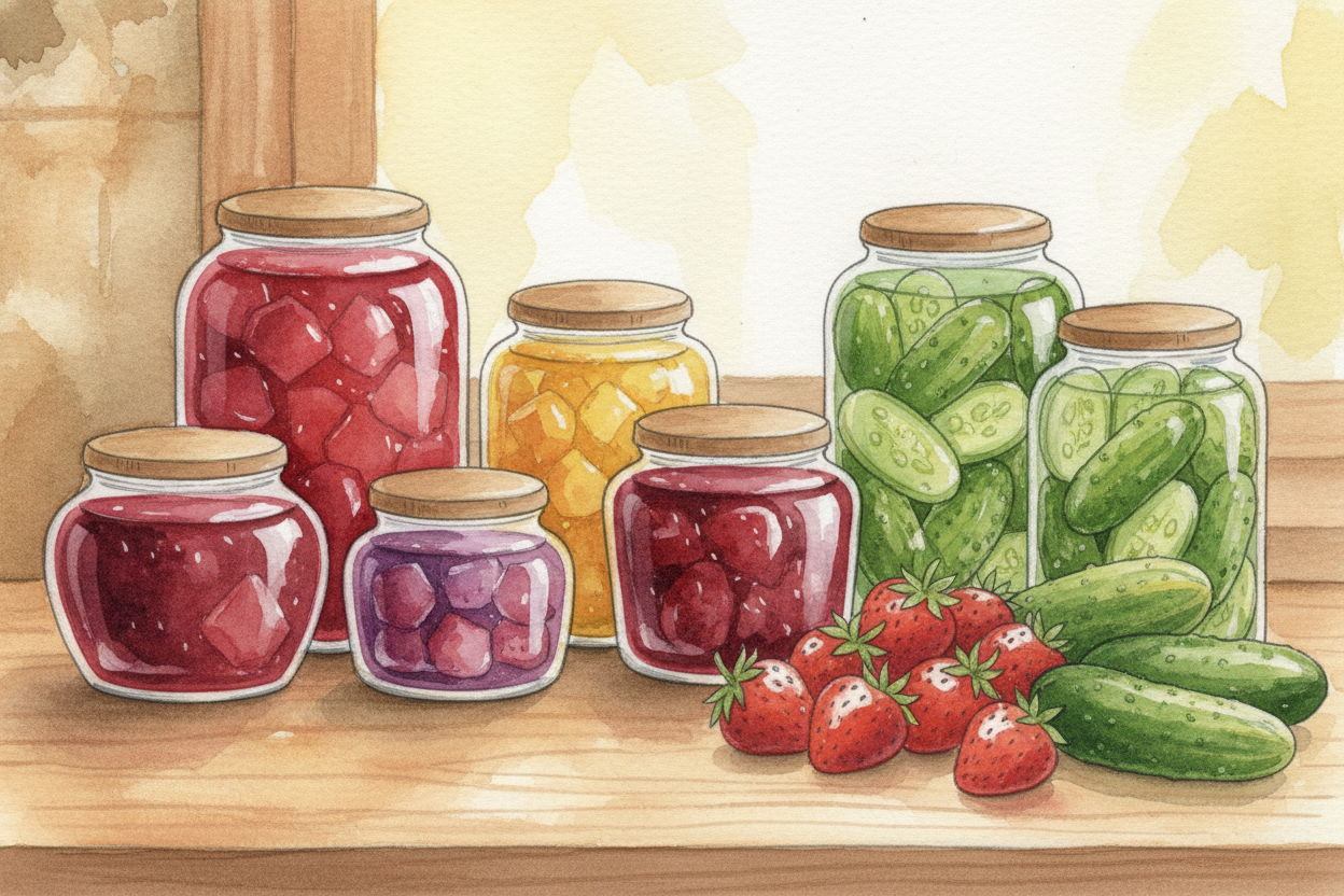 Fruits and vegetables got a different treatment. Boil them with sugar to make jam, or pack them in vinegar brine to make