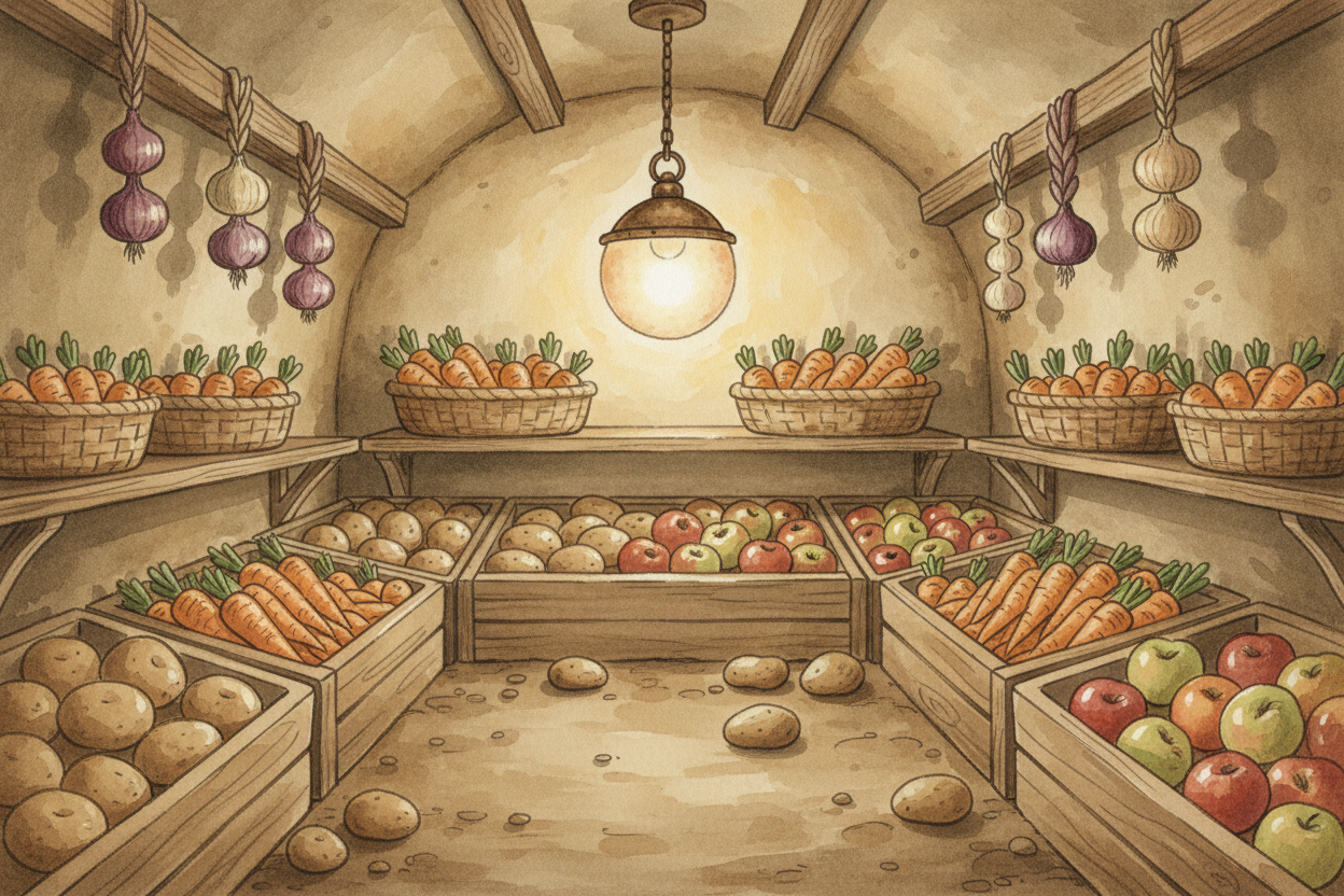 ++Root cellars++ — **cool, dark rooms dug under the house** — stored potatoes, carrots, apples, and onions for months. T