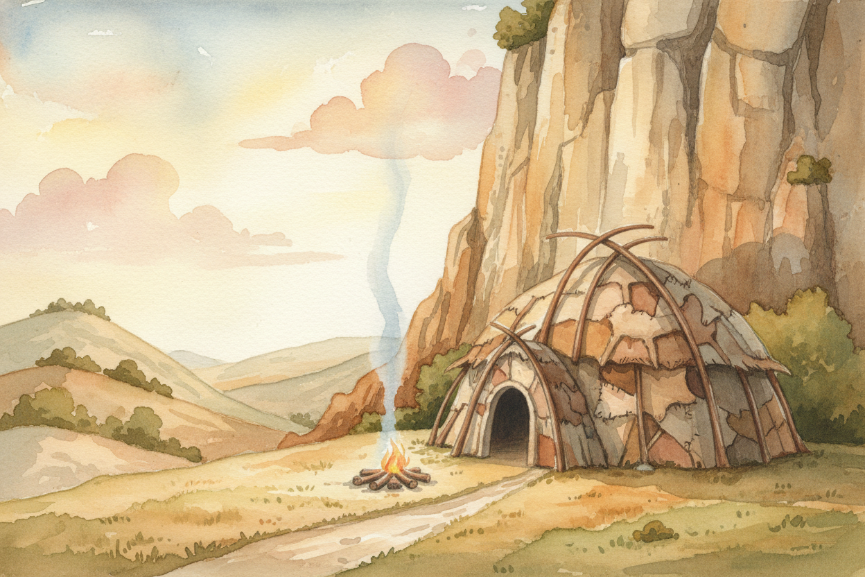 For shelter, people lived wherever they could find protection — **caves, overhangs, or huts** made from branches, animal