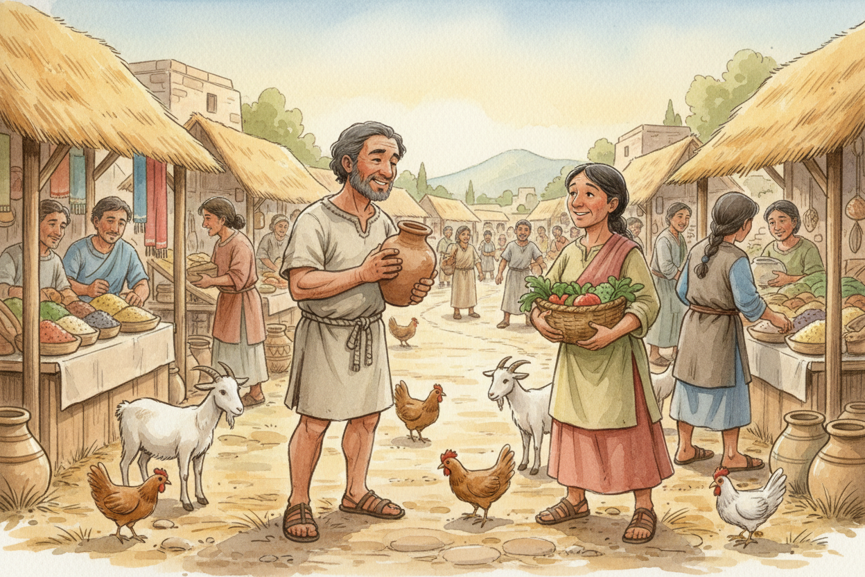 **Staying in one spot** meant you could own more stuff — *clay pots for storing grain*, looms for weaving cloth, pens fo