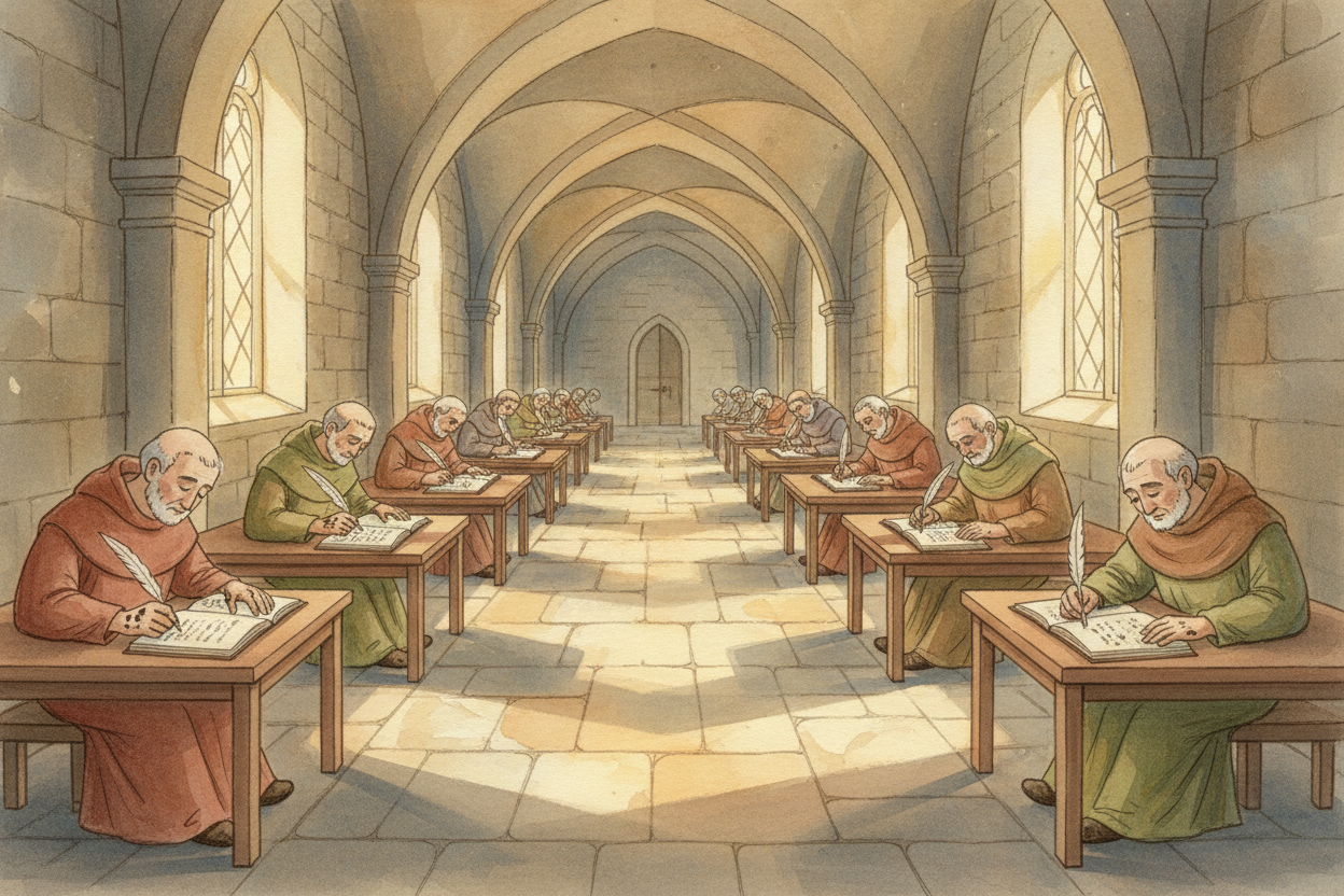 The job belonged to ++scribes++ — people who spent their entire lives copying texts. Most worked in monastery rooms call
