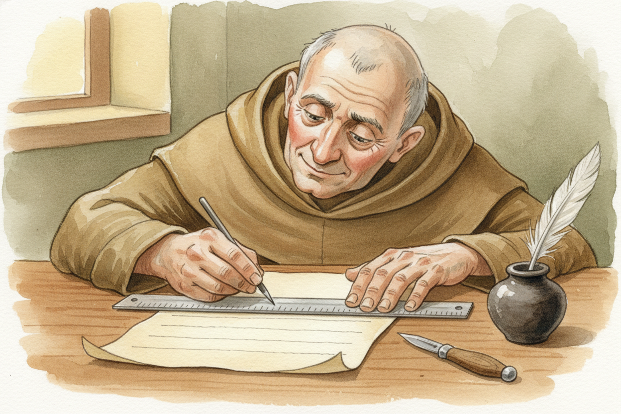 The scribe ruled faint lines across each page with a straight edge and a sharp point, creating invisible tramlines to ke