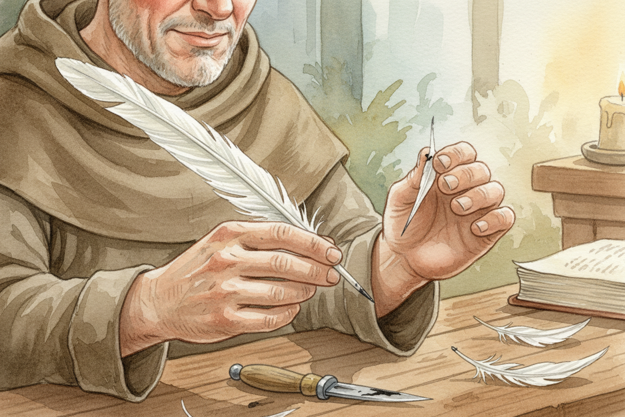 The pen was **a feather** — usually from a goose or swan — sharpened to a point and *split at the tip* so it held a **ti