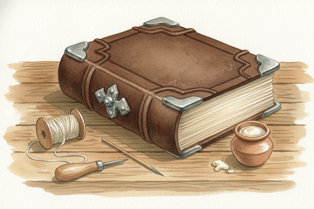 When all the pages were done, a ++bookbinder++ stitched them together, glued them between wooden boards covered in leath