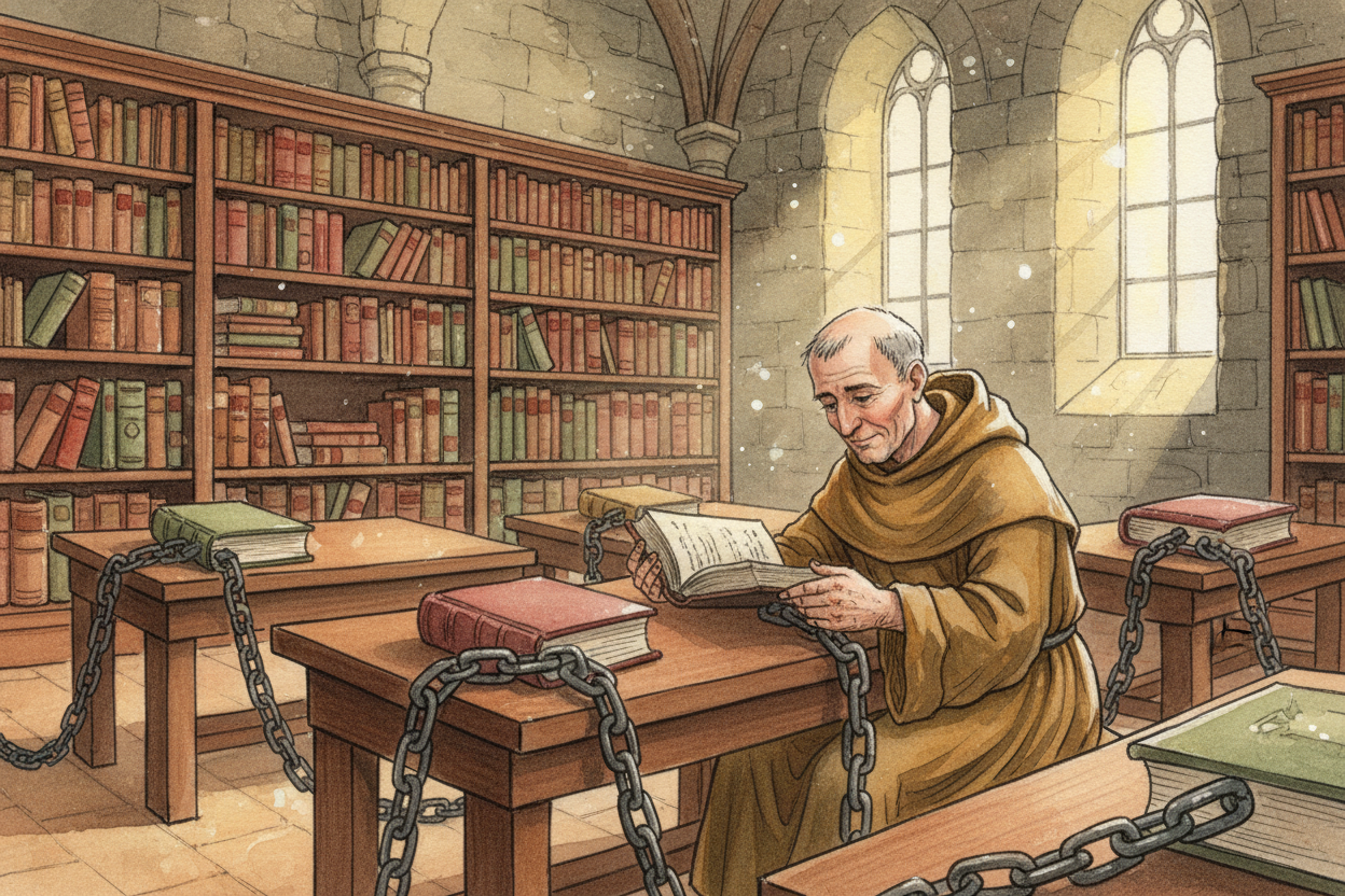 ~~That's why~~ libraries **chained their books to the shelves**. _Not to punish readers_ — to keep the books safe. Each 