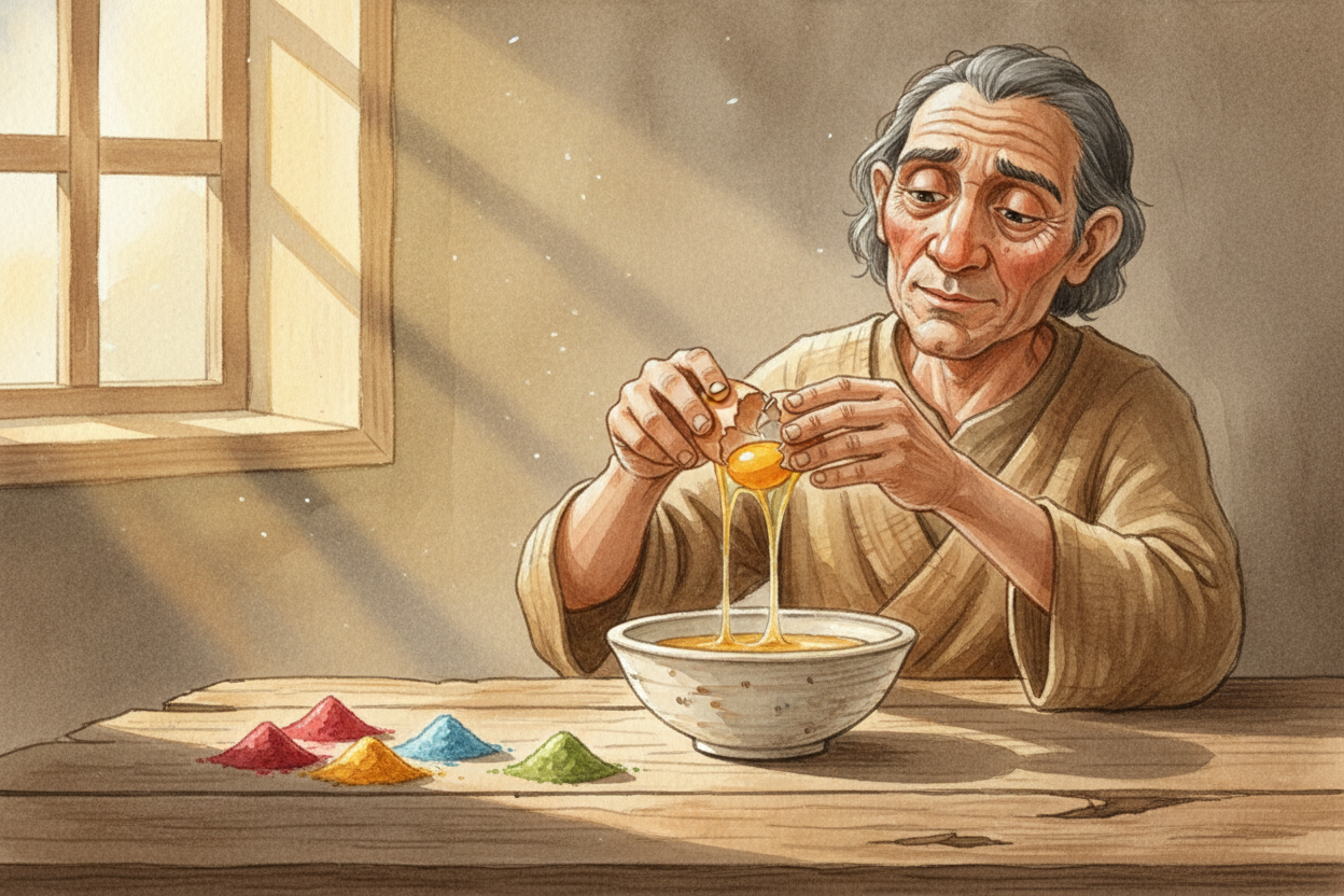 But powder alone won't stick to canvas or wood for long. You need a binder—something to glue the color down. Ancient pai