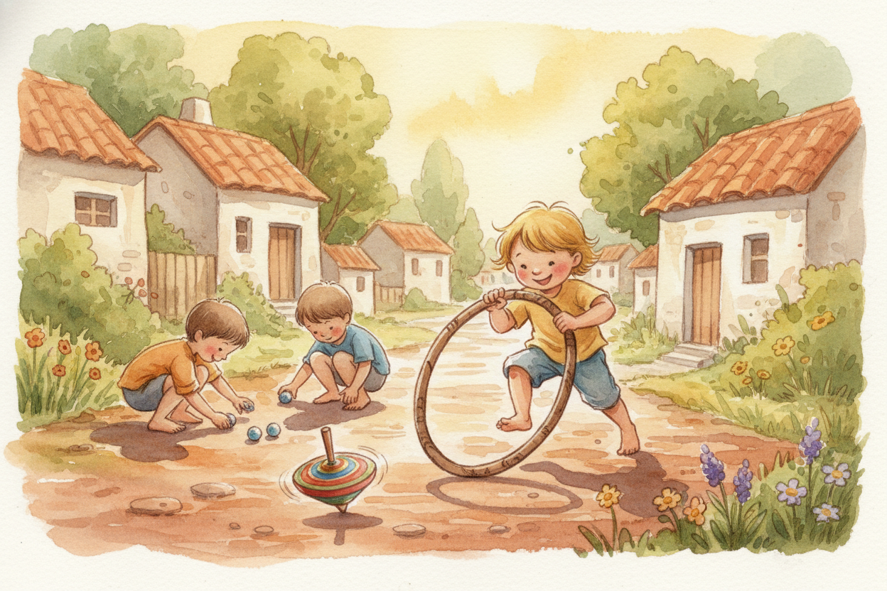 Then there were the games you **made up on the spot**. *Marbles made from clay or glass*. Spinning tops carved from wood