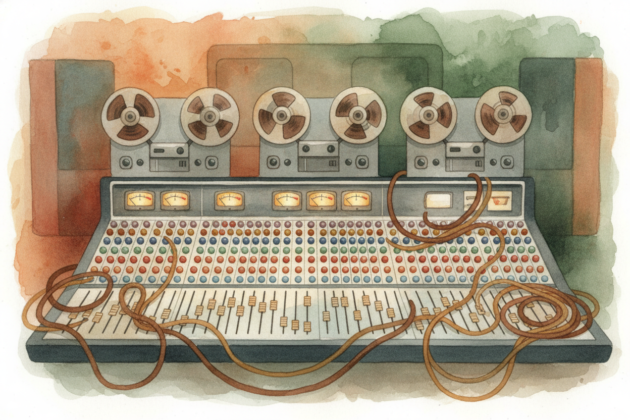 In the 1960s, studios built **mixing boards the size of dinner tables**, with hundreds of knobs to adjust each track's v