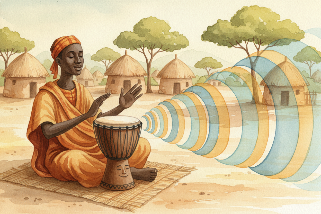 In Africa, people used ++talking drums++—drums that **mimicked the tones and rhythms of spoken language**. A skilled dru