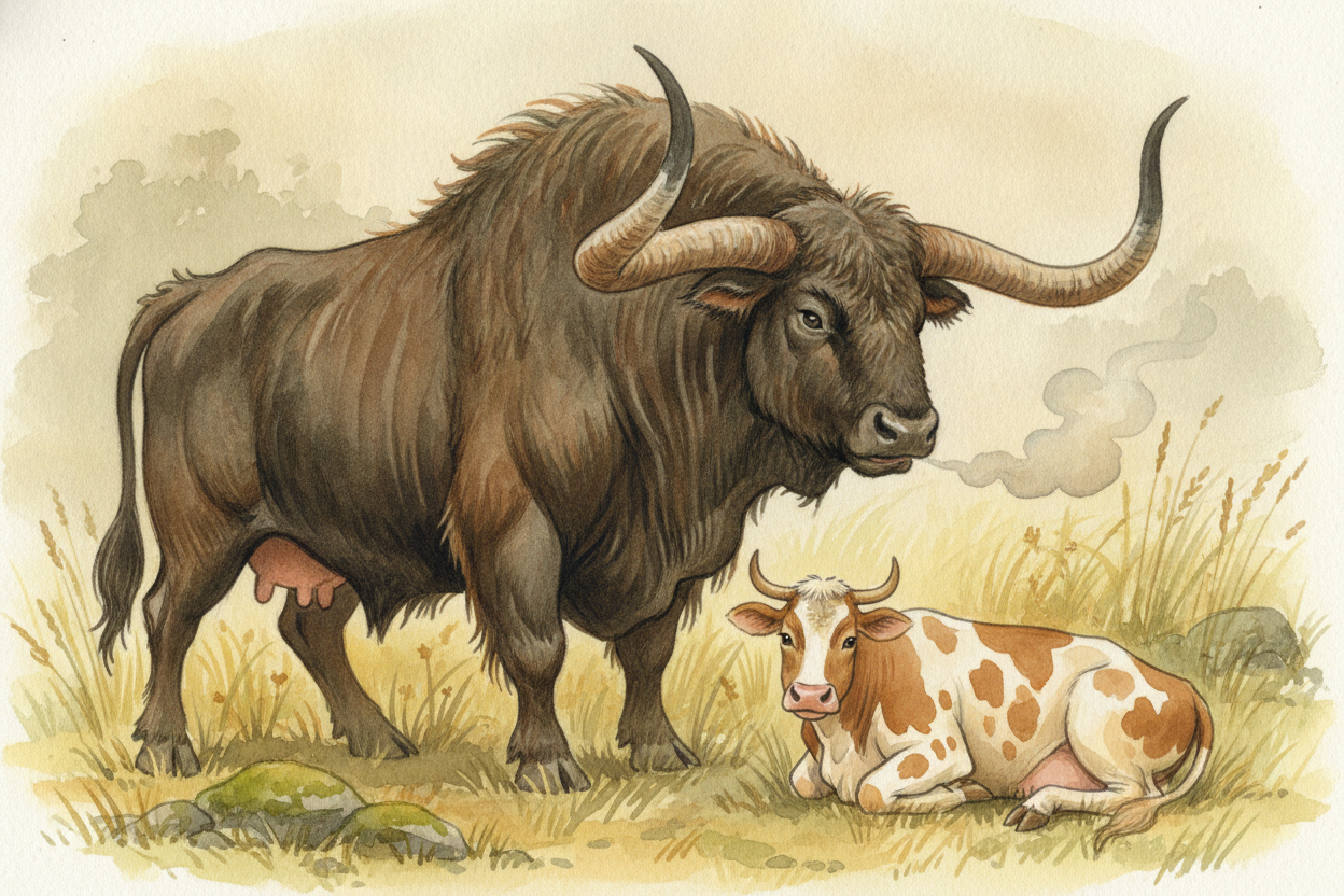 Look at a cow. Calm, slow, happy to be patted. Now picture its great-great-grandparent: a ~~wild ox the size of a car~~,