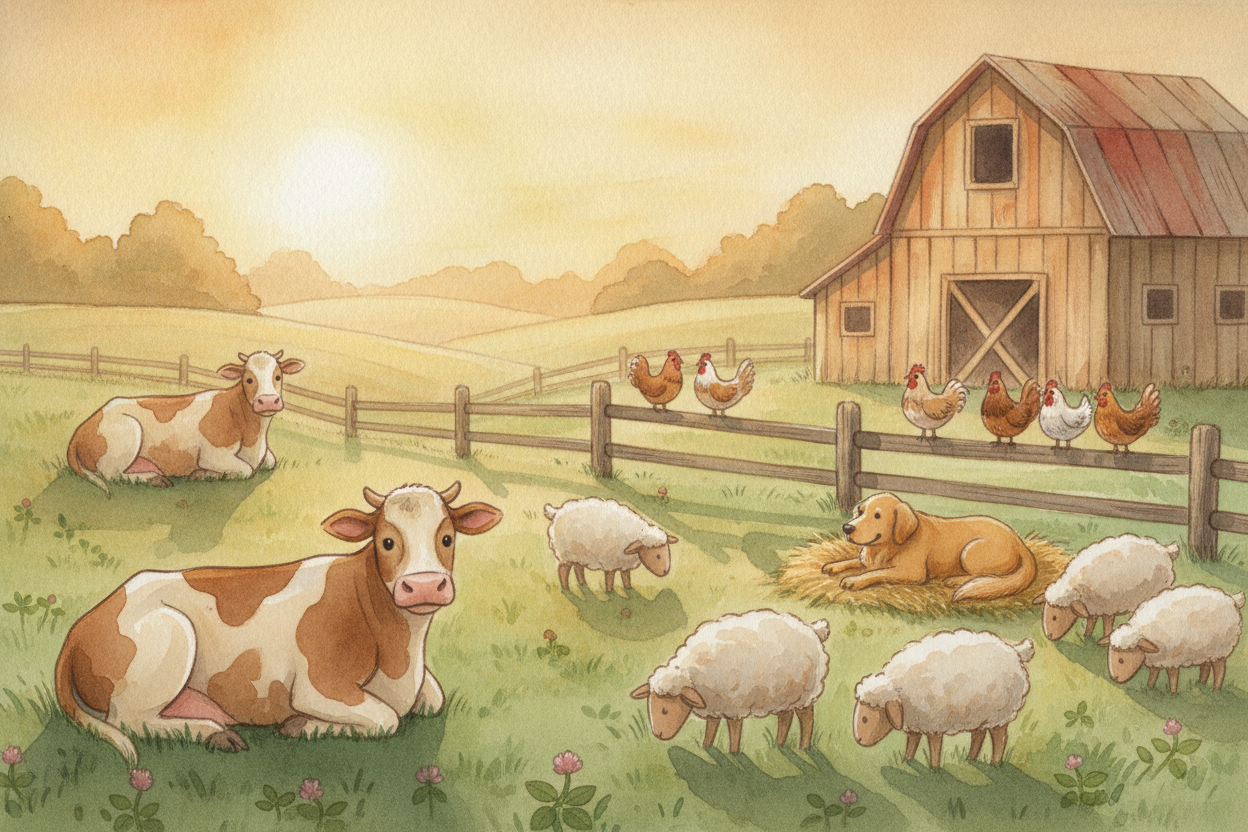 So **no one ever invented a farm animal**. People just lived alongside wild creatures, *kept the calm ones close*, fed t