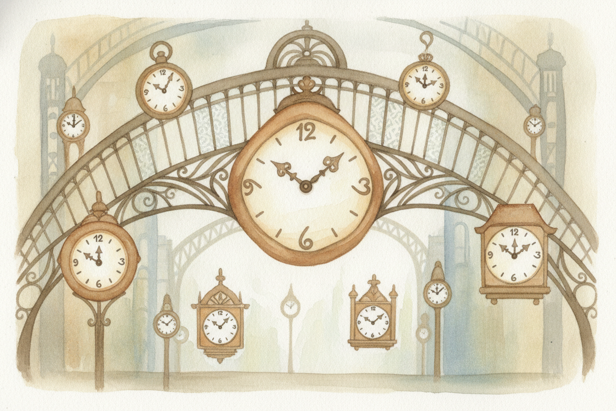 Time itself had to change. Every town used to keep its own clock, set by the local noon sun, so the hour in one town did
