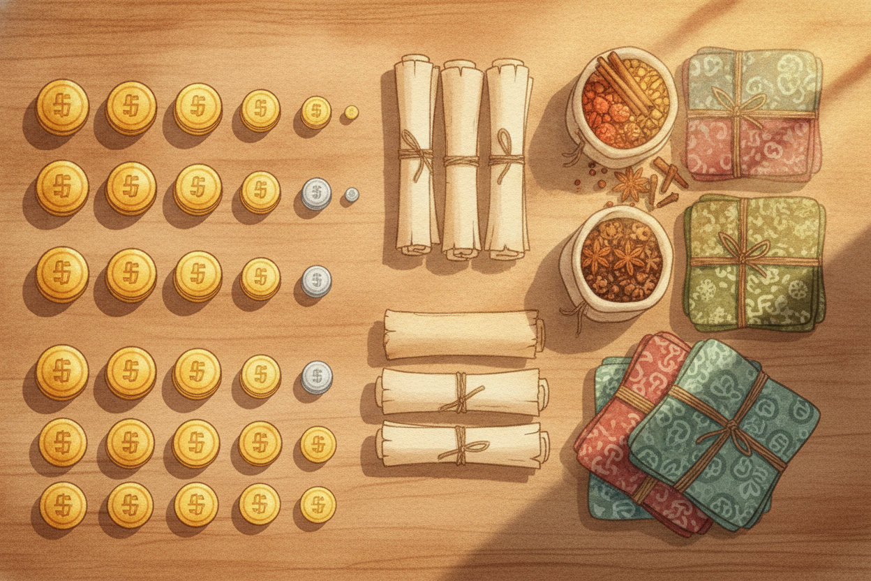 To make trading easy across all those peoples, they leaned on coins — **standardized money** so a merchant from one corn