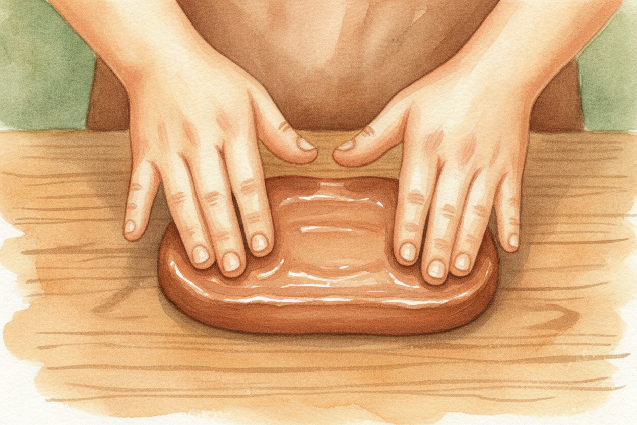 **먼저,** 그들에게는 글을 쓸 무언가가 필요했어요. 그들은 강에서 매끈한 점토를 떠 와서 손바닥만 한 작고 납작한 판으로 토닥토닥 다듬었지요. 아직 말랑하고 축축할 때는 **갓 만든 반죽**과 조금 비슷했어요. 