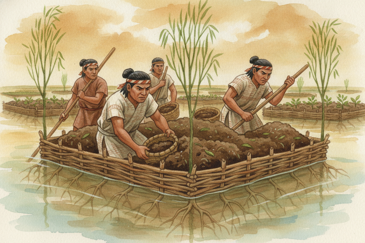To grow food, they invented floating gardens called ++chinampas++. ~~Here's the trick:~~ they *staked out a rectangle in