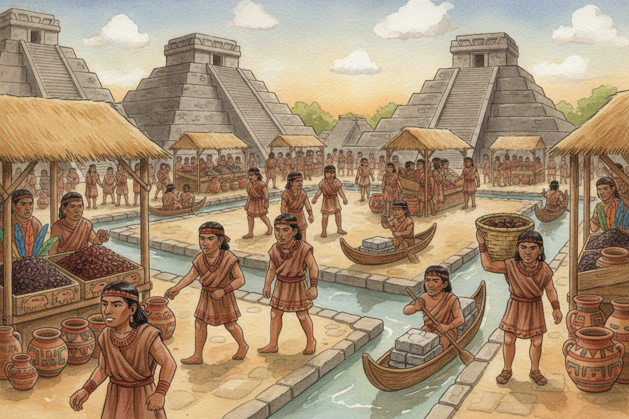 ~~With food, roads, and water solved~~, the city bloomed. **Stone temples climbed toward the sky**. Markets buzzed with 