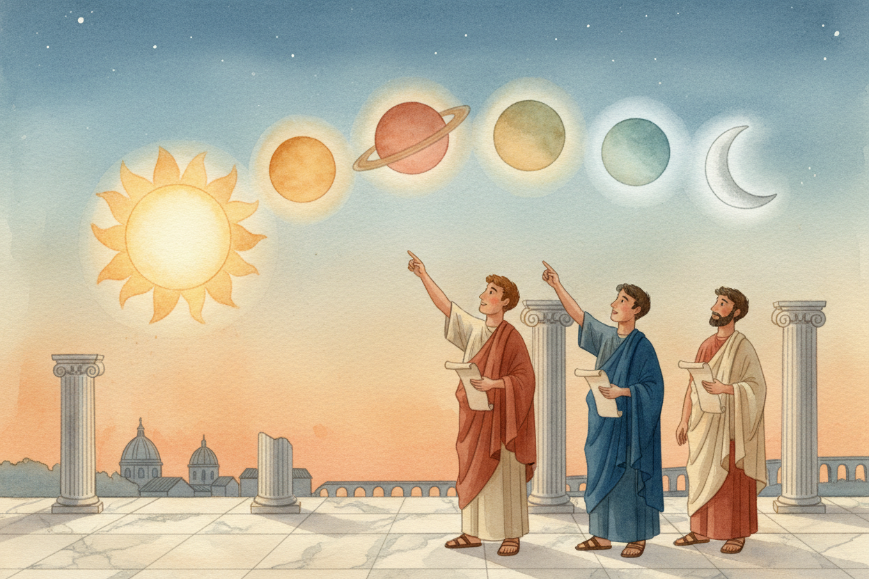 Our story starts with the ++Romans++, about **two thousand years ago**. They looked at the seven objects moving across t
