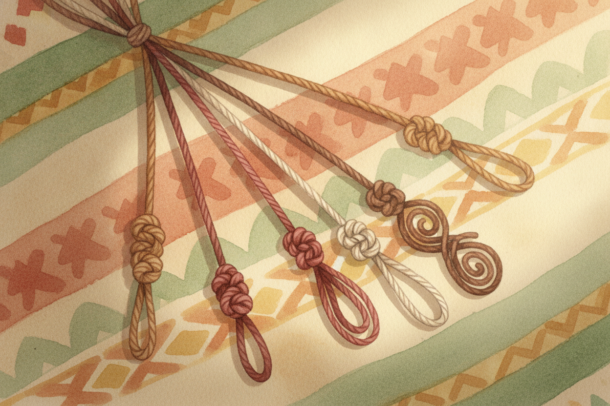 **Color and shape carried meaning too**. A brown cord might track one thing, a red cord another — maybe llamas here, sac