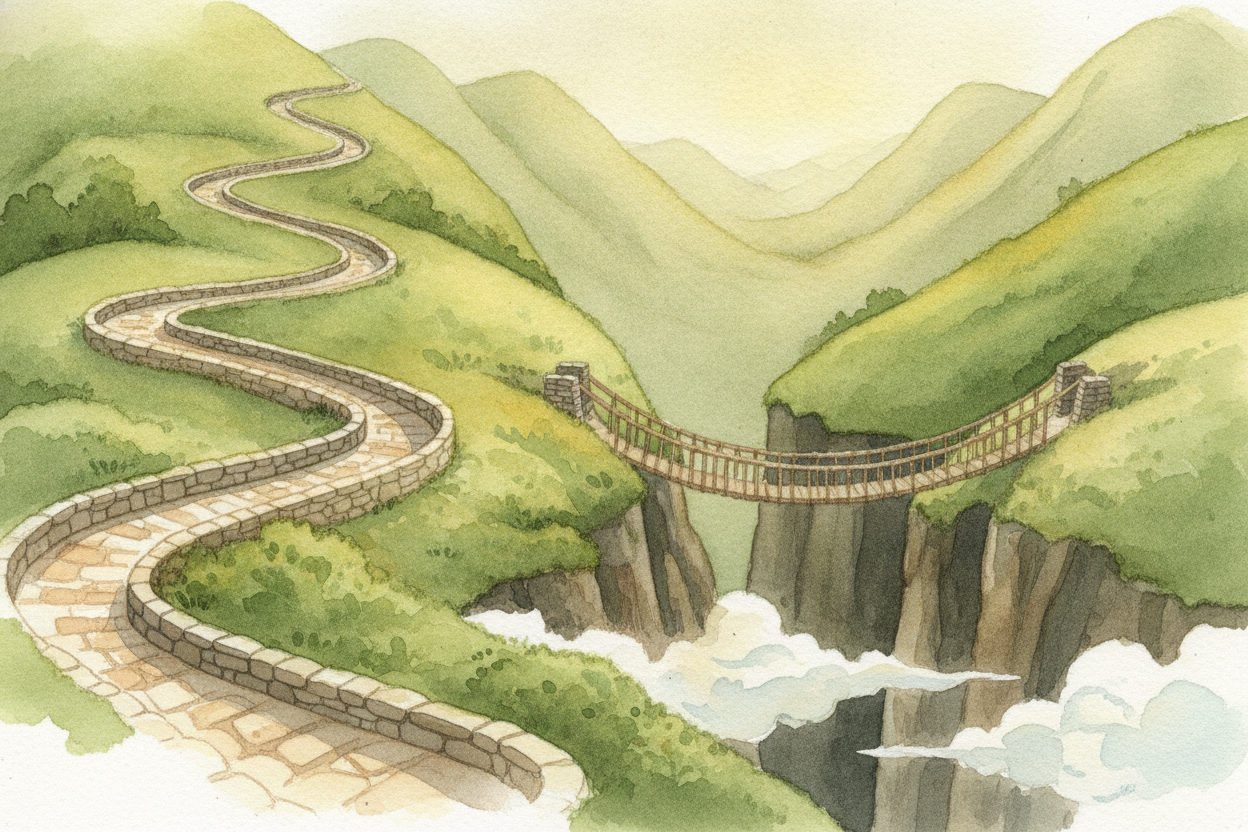 ~~But strings can't shout across a mountain.~~ So the ++Inca++ built roads — *tens of thousands of miles* of them, climb