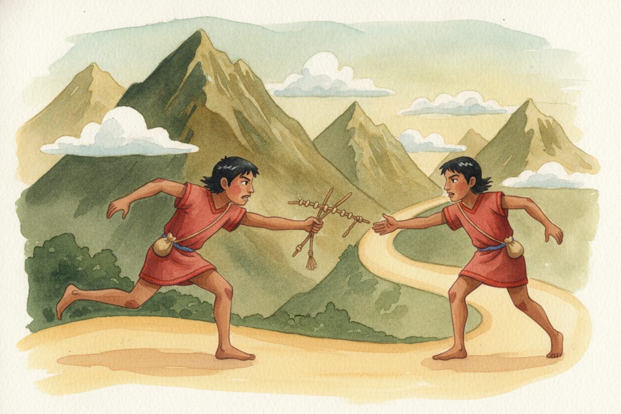 Along those roads ran the ++chasquis++ — relay runners. Each one sprinted a short stretch, then handed off the message t