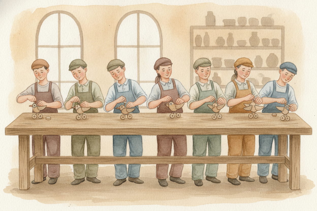 공장 안에서는 **가장 영리한 비법**이 등장했어요. 한 사람이 처음부터 끝까지 물건 하나를 전부 만드는 대신, 일을 *아주 작은 단계들로* 나눈 거예요. 사람들은 자기의 작은 단계 하나를 계속 반복한 뒤, ~~다음