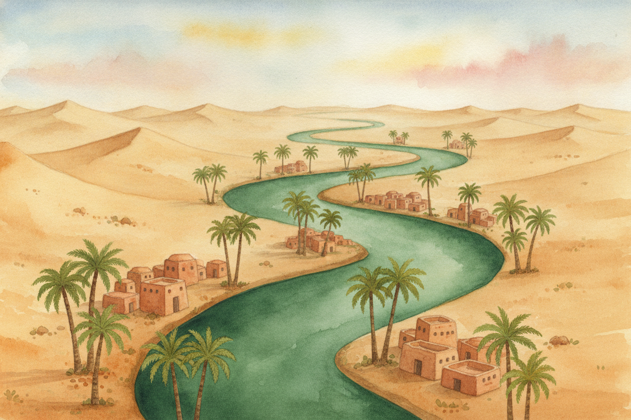 ~~Picture a long ribbon of green threading through an ocean of sand.~~ That ribbon is the ++Nile++, and without it, anci